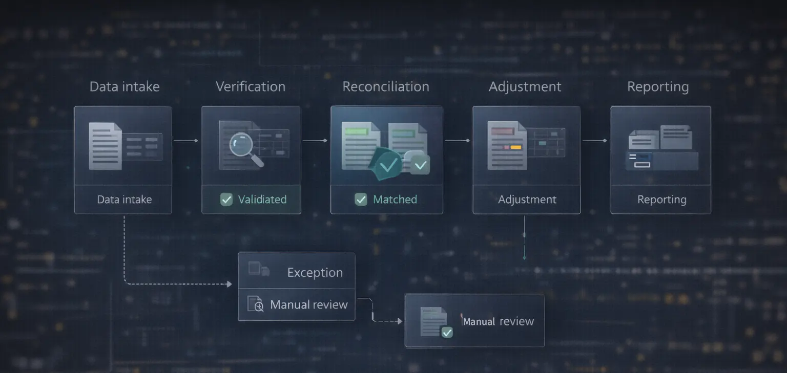 Visualization of structured back-office processing and reconciliation workflows.