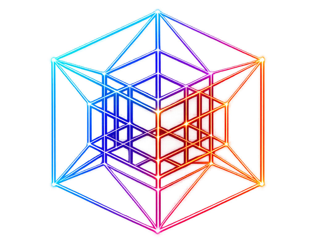 Static tesseract illustration representing structured, always-on operational support.