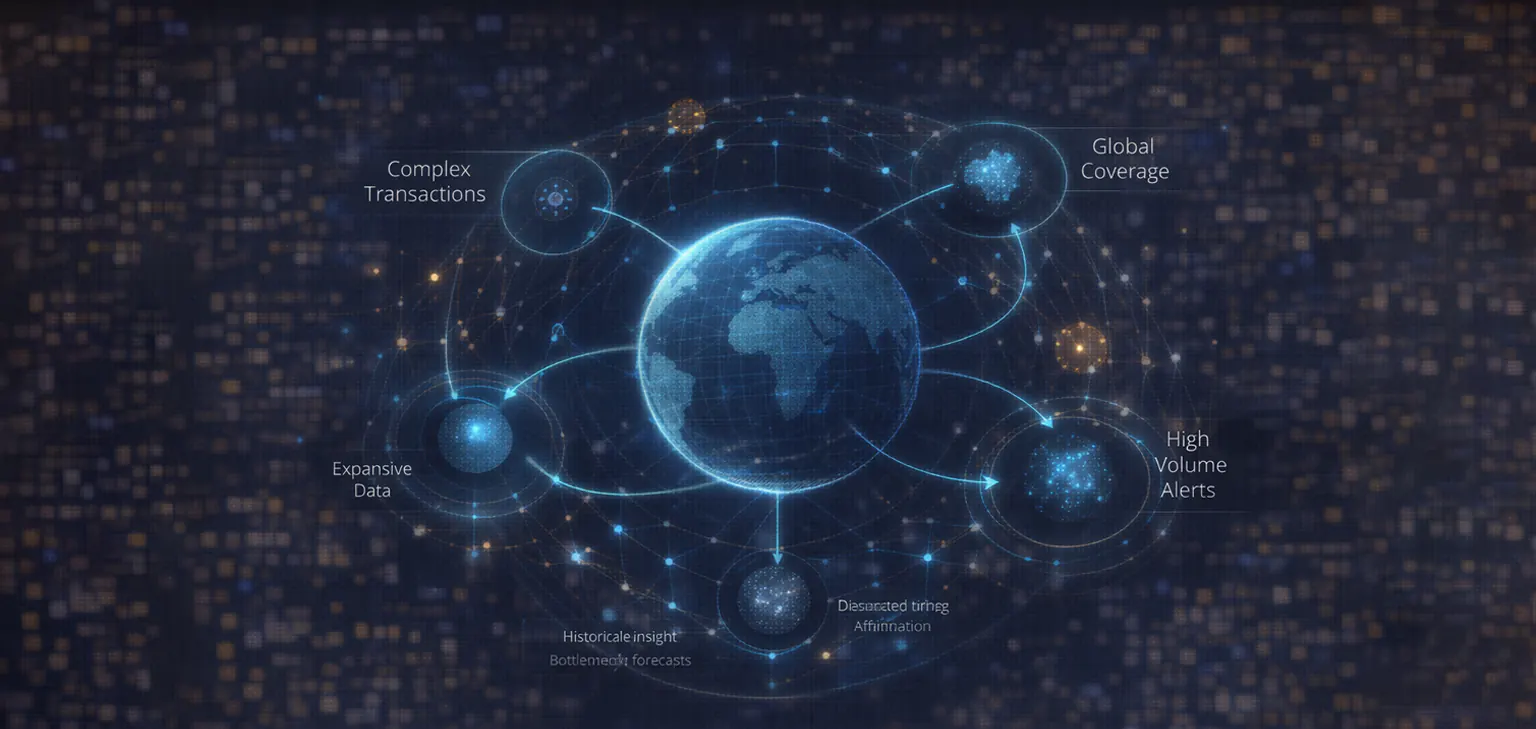Diagram illustrating risk management at scale across global operations, high transaction volumes, and complex data flows.